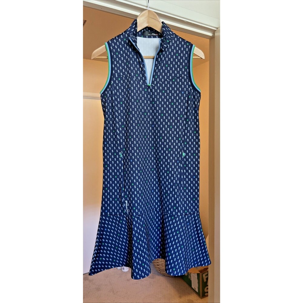 RLX Ralph Lauren Navy Blue Sleeveless Zip-Front Tennis Golf Dress w/Green Trim